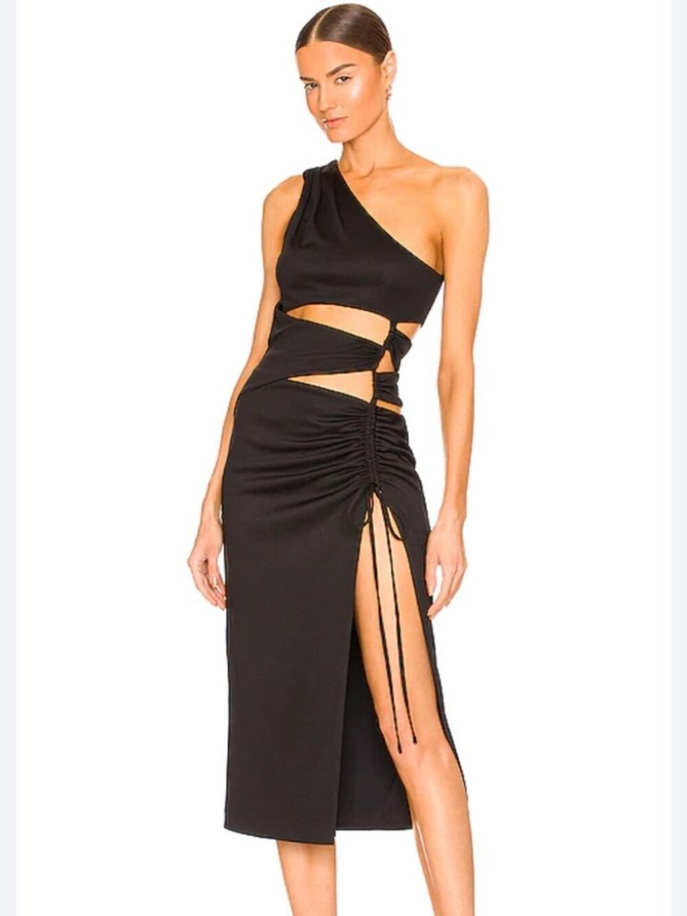 REVOLVE NBD Donielle Black Cut Out Midi Dress Ribbed Ruched Slit Adjustable Slit